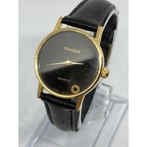 Vintage Gruen Quartz Ladies Watch Black Dial Leather Band